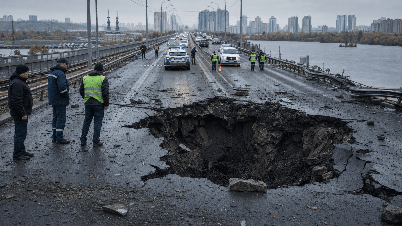Огромная воронка на Южном мосту парализовала движение в Киеве
