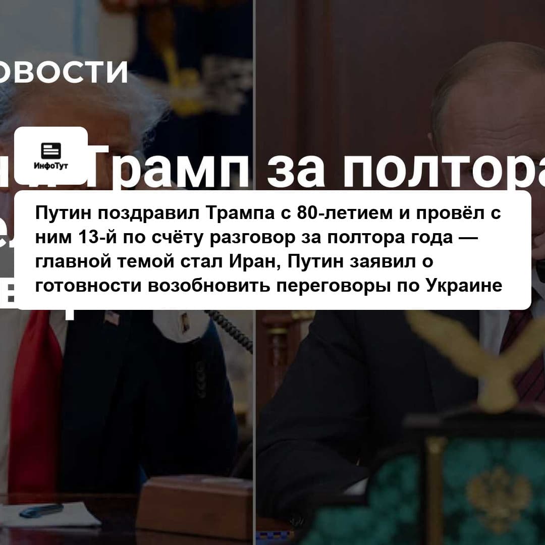 Путин поздравил Трампа с 80-летием и провёл с ним 13-й по счёту разговор за полтора года — главной темой стал Иран, Путин заявил о готовности…