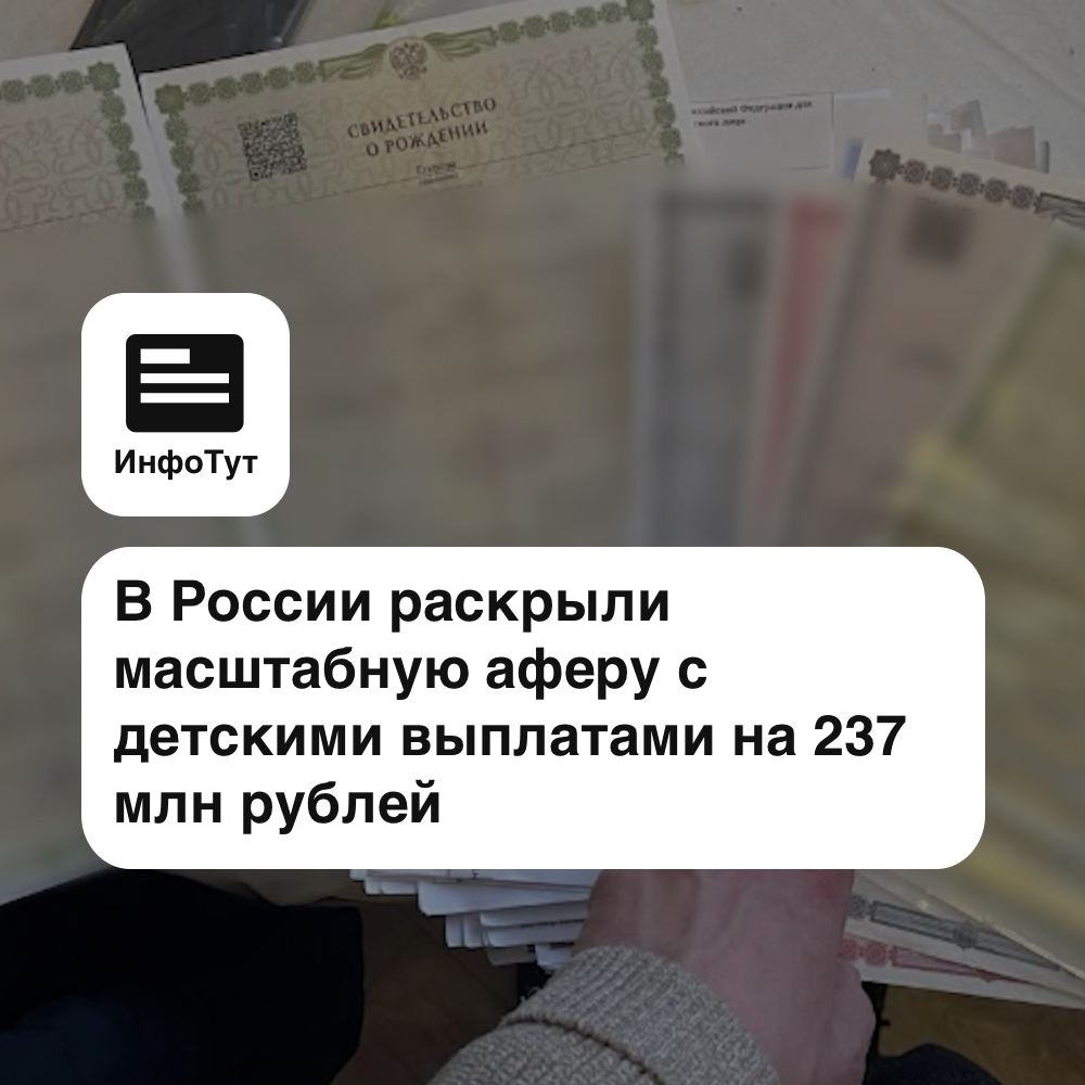 В России раскрыли масштабную аферу с фиктивным оформлением детских выплат на 237 млн рублей