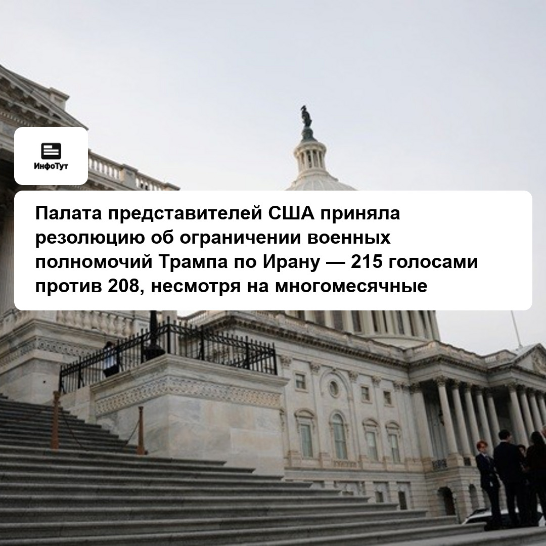 Палата представителей США приняла резолюцию об ограничении военных полномочий Трампа по Ирану — 215 голосами против 208, несмотря на многомесячные…