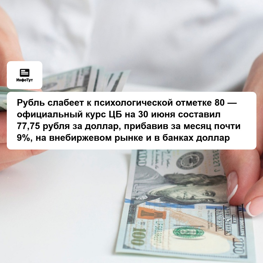Рубль слабеет к психологической отметке 80 — официальный курс ЦБ на 30 июня составил 77,75 рубля за доллар, прибавив за месяц почти 9%, на…