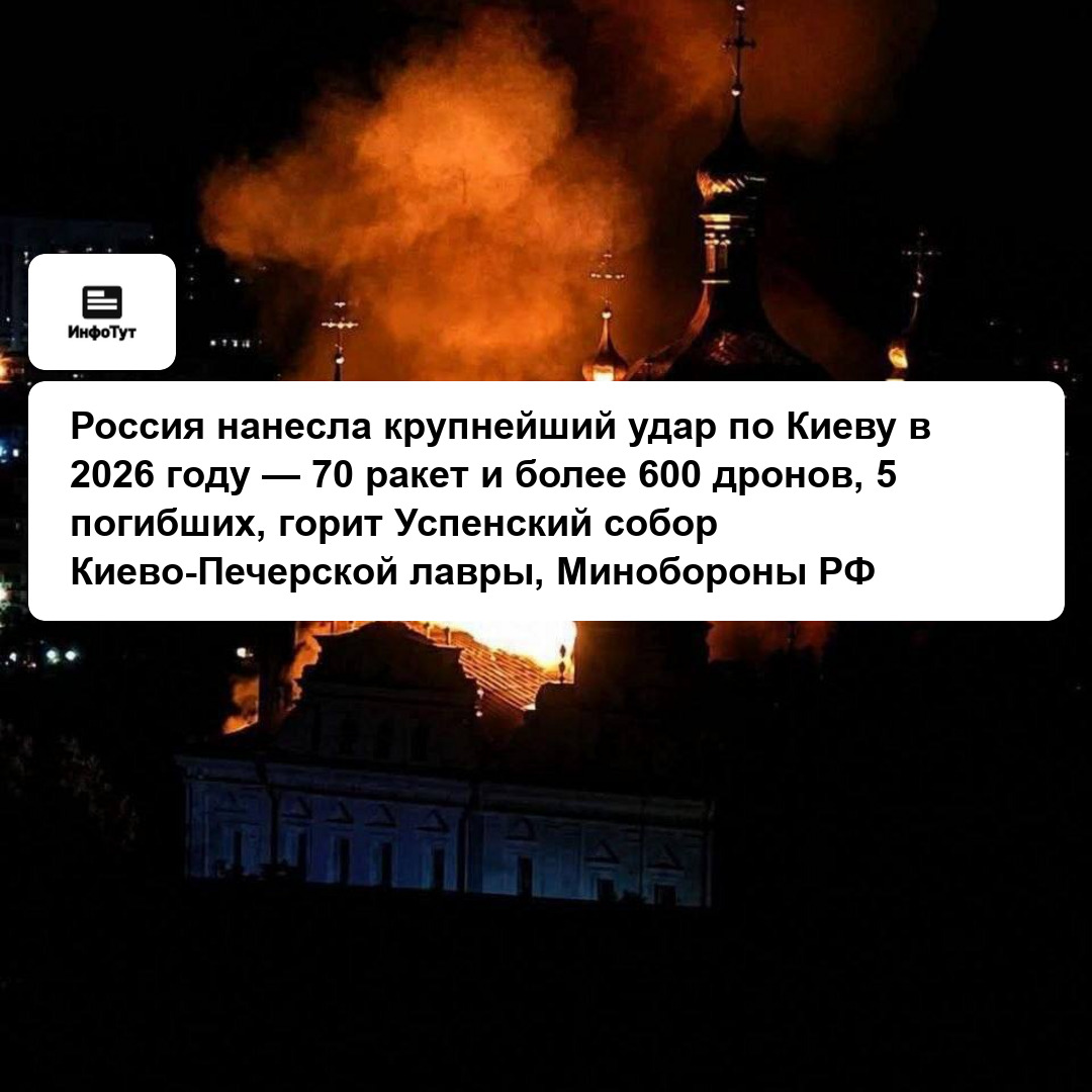 Россия нанесла крупнейший удар по Киеву в 2026 году — 70 ракет и более 600 дронов, 5 погибших, горит Успенский собор Киево-Печерской лавры,…