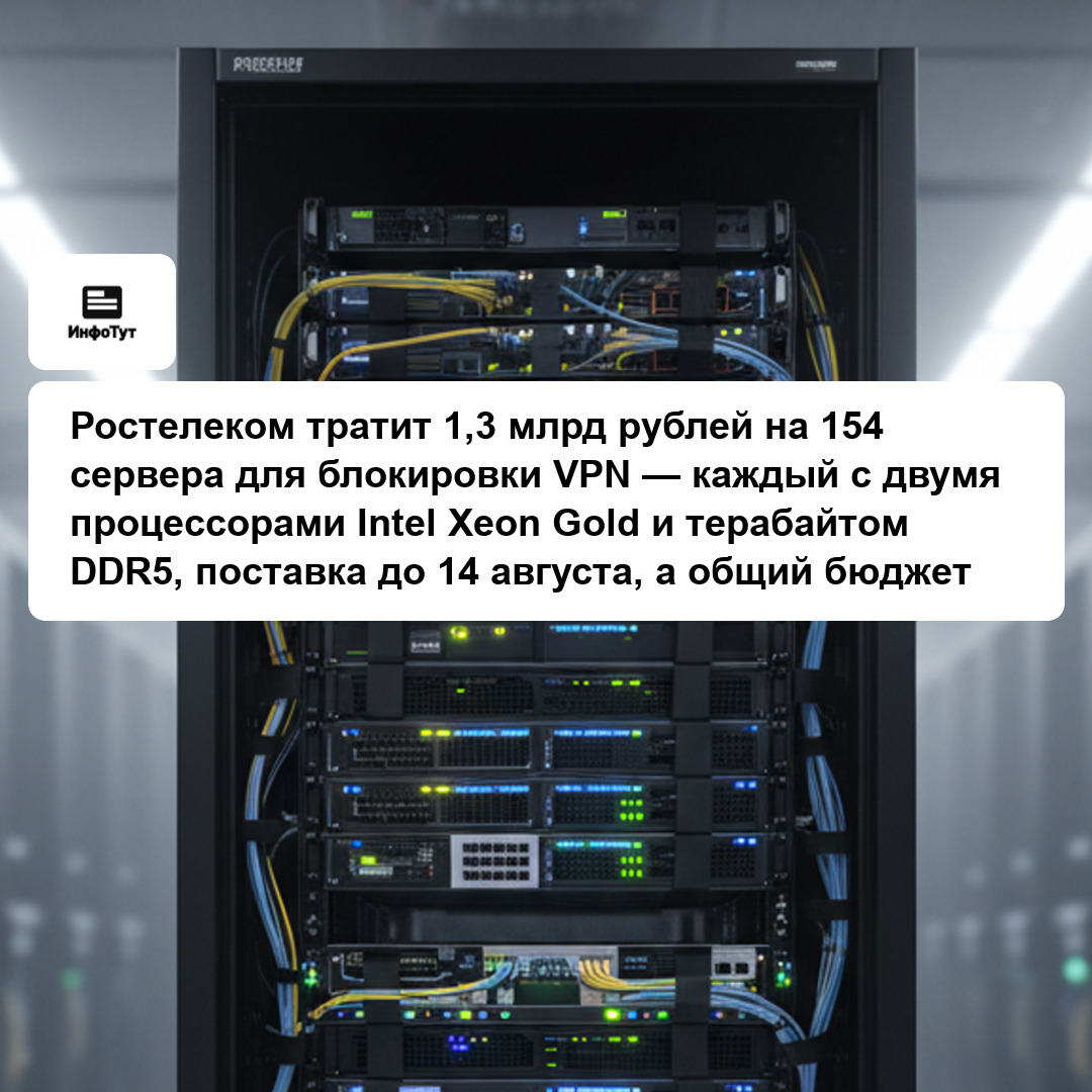 Ростелеком тратит 1,3 млрд рублей на 154 сервера для блокировки VPN — каждый с двумя процессорами Intel Xeon Gold и терабайтом DDR5, поставка до 14…