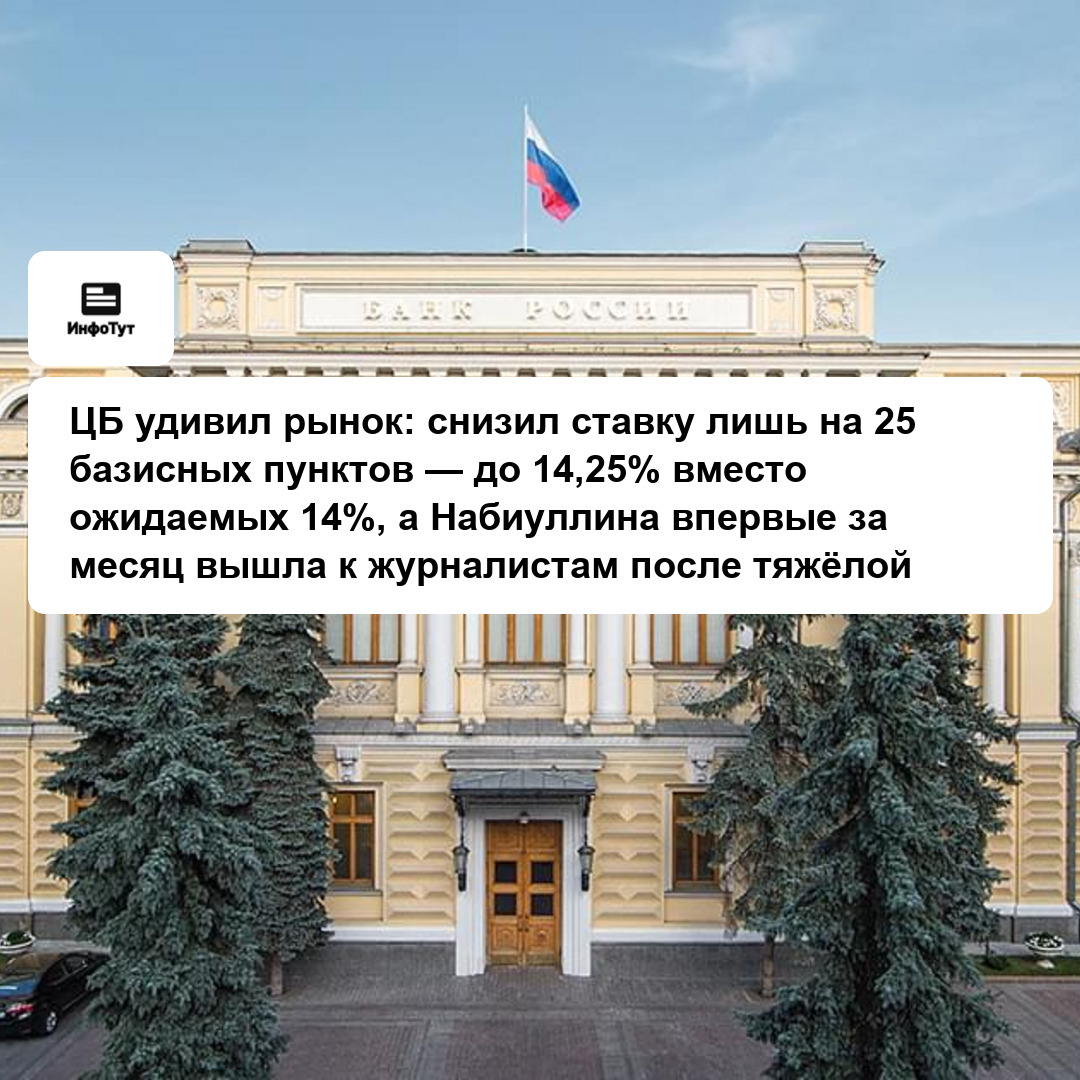 ЦБ удивил рынок: снизил ставку лишь на 25 базисных пунктов — до 14,25% вместо ожидаемых 14%, а Набиуллина впервые за месяц вышла к журналистам после…