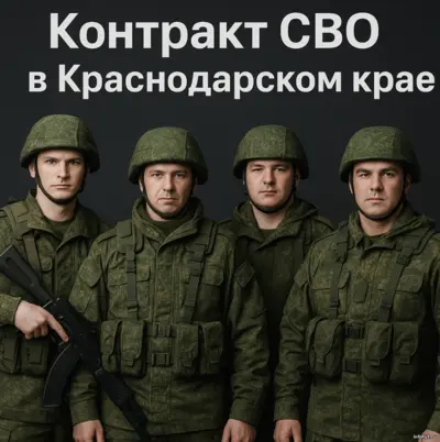 Военнослужащий на фоне флага России и эмблемы Министерства обороны — оформление контракта на СВО в Краснодарском крае в 2025 году.